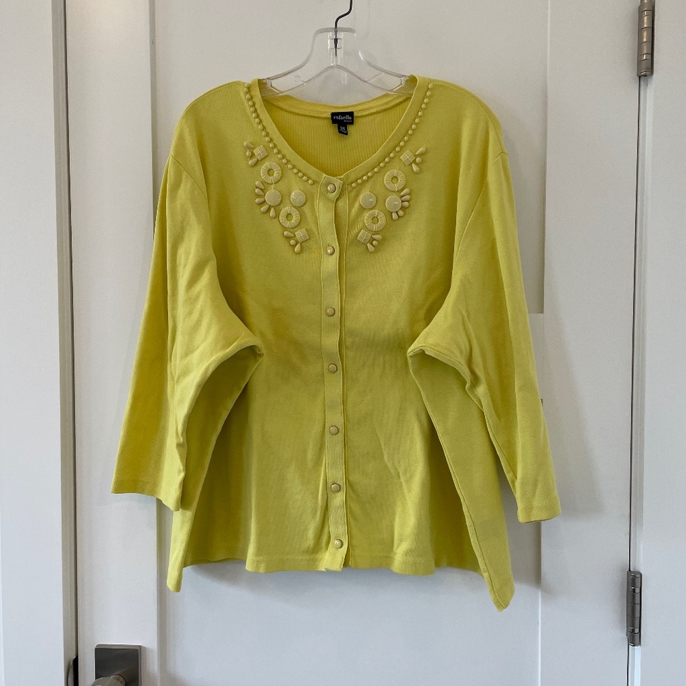 Yellow Rafaella 3X Cotton Beaded Cardigan Sweater